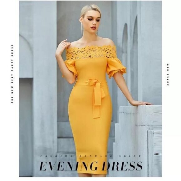 Yellow off the shoulder laser cut dress with lantern sleeves M - Picture 4 of 11